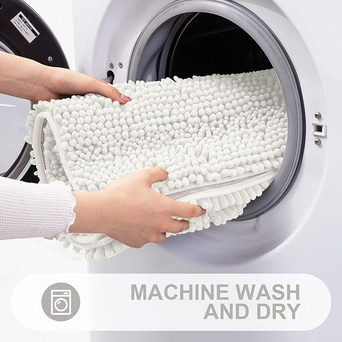 Grandaily Chenille Striped Bathroom Rugs 30x20, Extra Thick and Absorbent Bath Mats, Non-Slip Soft Plush Shaggy Shower Carpet, Machine Wash Dry, Bath Rug for Bathroom, (Medium, Cream)
