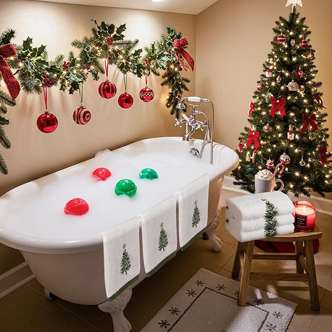 3 Pcs Christmas Fingertip Towels 100% Cotton 12 x 18 Inch Decorative Embroidery Xmas Tree with Gold Star Topper Bathroom Hand Towels for Christmas Bathroom Decor