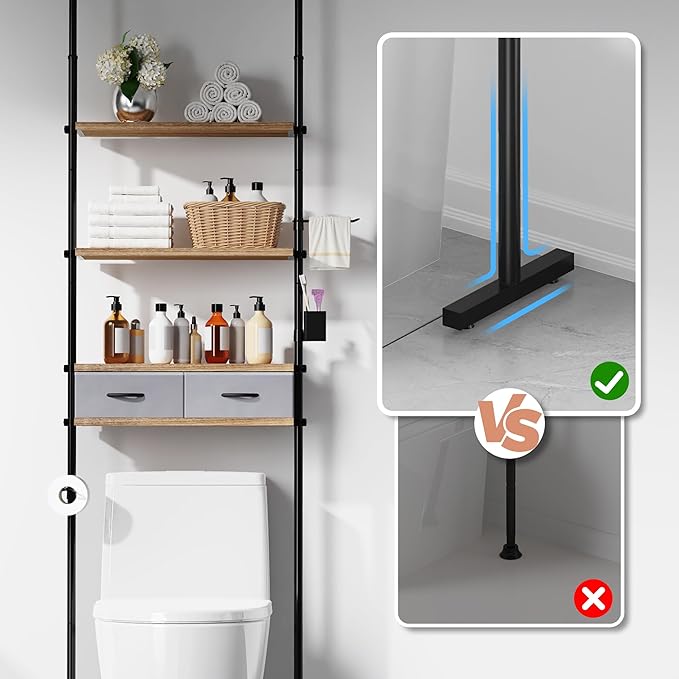 YIGII Over The Toilet Storage, 4-Tier Adjustable Bathroom Shelves Over Toilet with 2 Drawers, Above Toilet Storage Cabinet Bathroom Organizer Wooden Shelf, 25-114.2 Inch Heights