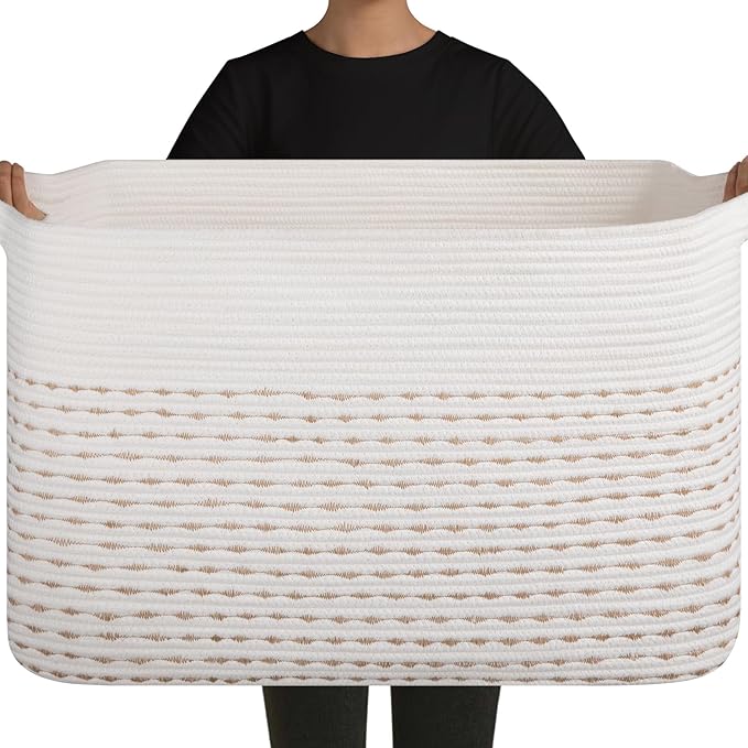OIAHOMY 108L Extra Large Blanket Basket, 25”x16”x16” Rectangle Woven Cotton Rope Baskets for for Living Room, Toy Storage with Handle- Light Yellow & White