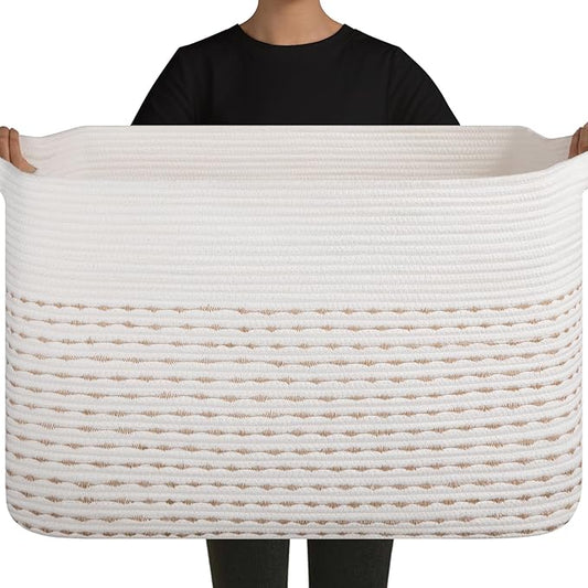 OIAHOMY 108L Extra Large Blanket Basket, 25”x16”x16” Rectangle Woven Cotton Rope Baskets for for Living Room, Toy Storage with Handle- Light Yellow & White