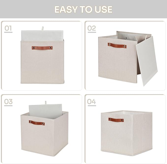 HNZIGE Foldable Storage Cubes Bins for Organizing, Set of 4, Fabric Cube Canvas Storage Bins 11 x11, Collapsible Bins for Organization with Handles for Shelf Nursery(Cream)