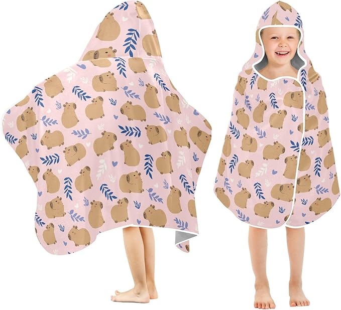 Pink Cute Capybara Hooded Beach Towel for Kids, Kids Bath Hooded Towels for Boys Girls, Super Soft Absorbent Bathrobe with Hood for Swin Pool 50"x23.5"