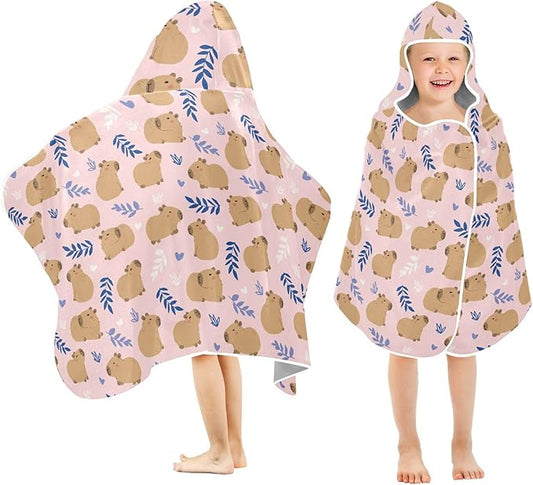 Pink Cute Capybara Hooded Beach Towel for Kids, Kids Bath Hooded Towels for Boys Girls, Super Soft Absorbent Bathrobe with Hood for Swin Pool 50"x23.5"