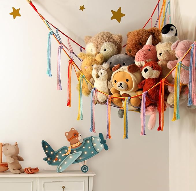 Stuffed Animal Hammock Corner Storage Net Cute Preppy Trendy Stuff Gifts for Teen Girls Baby Room Living Room House Wall Nursery Decor Rainbow Color Colorful Unicorn Hanging Organizers Organization