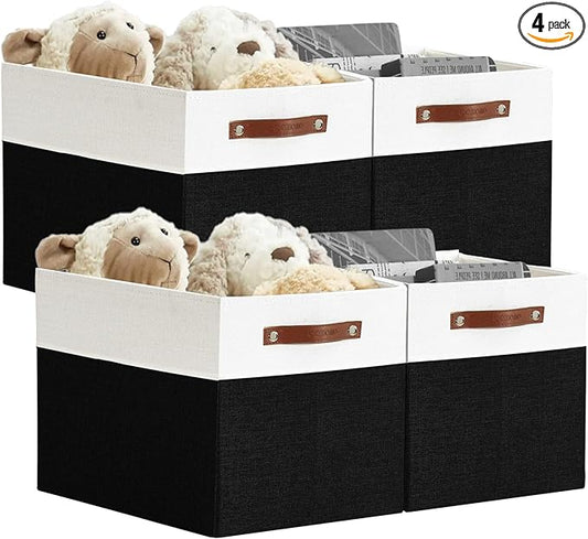 DECOMOMO Kallax Storage Cubes -13x15x13 Storage Bins, Baskets for Organizing Shelves (Black and White, 4-Pack)