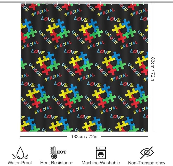 4 Pc Colorful Autism Awareness Puzzle Pieces Heart Black Art Shower Curtains + Bath Mats Set, Water Repellent Window Curtain Super Absorbent Toilet Floor Rug