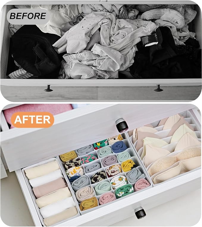 8 Packs Underwear Drawer Organizer Clothes, Foldable Bra Drawer Organizer Bins, 90 Cells Fabric Clothes Organizer Drawer Dividers for Socks, Ties, Bras, Baby Clothes, Nursery, Clothing (White)
