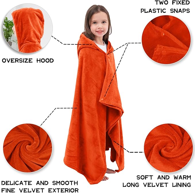 Hiturbo Kids Hooded Bath Towel: Soft Plush Pool Beach Fleece Towel Blanket - 50"x30" Toddler Towels Wrap for Boys Girls 3-12 Years (Orange)