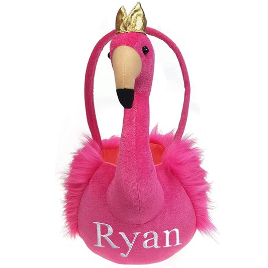 DearSun Exquisite Embroidery Name ! Personalized Easter Egg Hunting Basket 3D Plush Flamingo Basket, Lovely Candy Gift Bucket with Customization