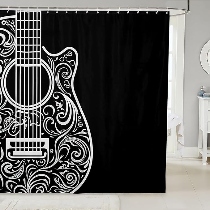 Guitar Bath Curtain Music Themed Guitar Shower Curtain Guitar Instruments Print Bathroom Shower Curtain Set for Stalls Bathtubs Room Decor Stylish Black White Waterproof Bathroom Curtains 72x72 Inch