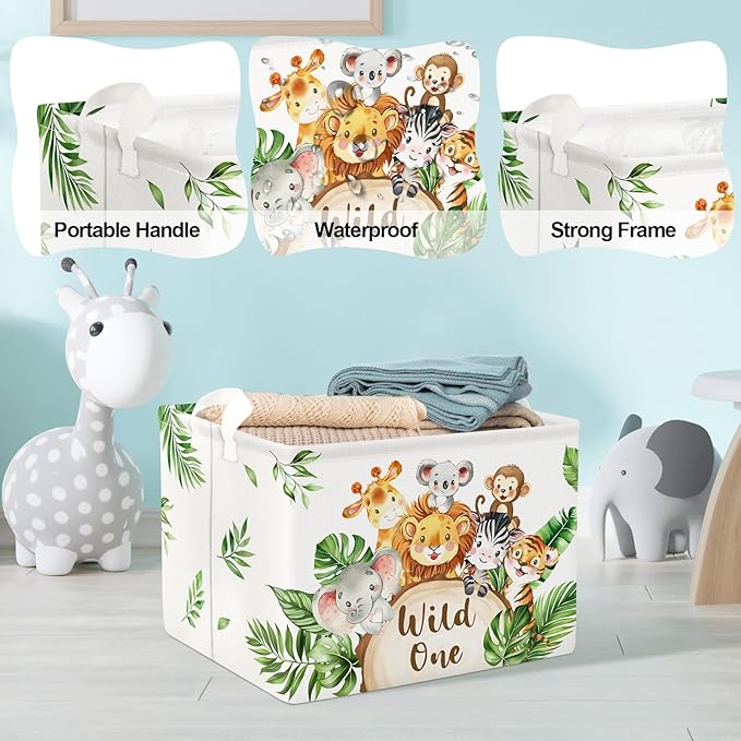 Clastyle 36L Large Safari Animals Elephant Shelf Basket Lion Rectangle Collapsible Dirty Clothes Baby Basket Jungle Koala Giraffe Book Toy Storage Bin for Nursery