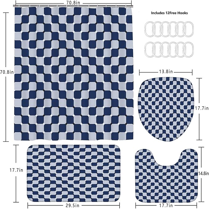 4Pcs Blue Checkered Shower Curtain Set 3D Bathroom Sets Modern Shower Curtain Set for Bathroom Sets with Rugs and 12 Hooks