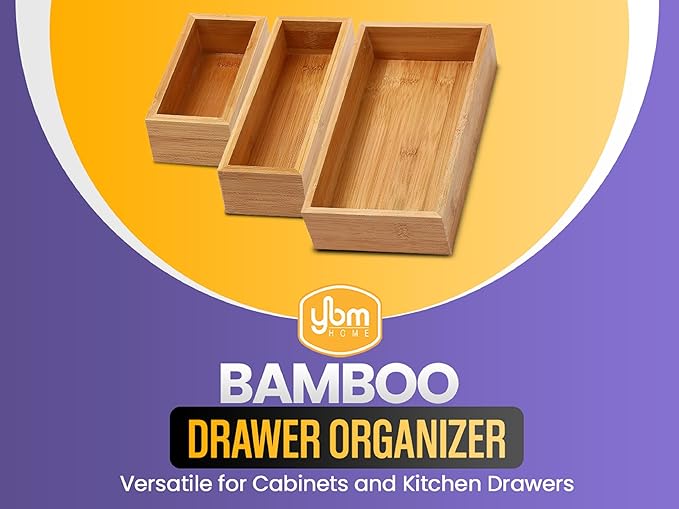 YBM Home Bamboo Drawer Organizer Storage Box for Kitchen Drawer, Junk Drawer, Office, Bedroom, Children Room, Craft, Sewing, and Bathroom, 2 Pack 10x14x2 inch