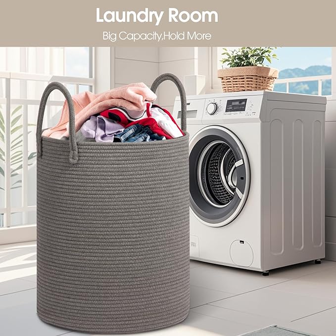 Large Woven Laundry Basket Hamper,60L Cotton Rope Storage Basket for Blankets in living room,Decorative Tall Nursery Hamper for Toys and Clothes,Baby Basket,Dark Grey