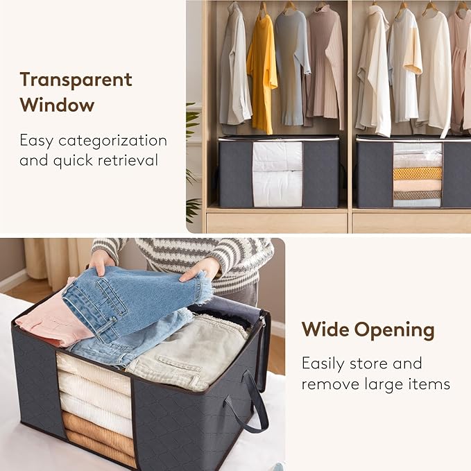 Lifewit 4 Pack 60L Clothes Storage Bins with Lids, Foldable Blanket Storage Bags with Zippers, Clear Window and Reinforced Handles, Closet and Organization for Clothing, Sweater, Comforter, Bedding