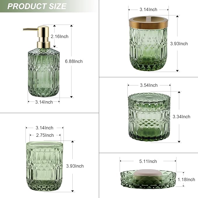 Green Bathroom Accessories Set, 5Pcs Clear Glass Bathroom Set Accessories, Soap Dispenser, Soap Dish, Toothbrush Holder Set, Tumbler, Qtips Holder for Vintage Crystal Bath Decor