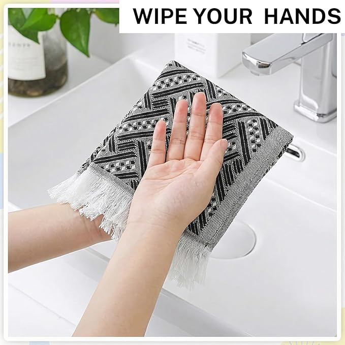 4-Pack Cotton Bathroom Hand Towels – Boho Hand Towel Set with Luxury Jacquard Weave & Fringe Decor, 13"x29"Absorbent Soft Face Set for Kitchen, Bathroom, Guest Tea Gift, Hotel, Farmhouse (Brown,White)
