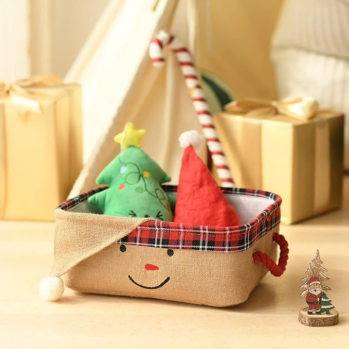 INough Christmas Baskets Empty Holiday Christmas Basket Santa Claus Gift Baskets Storage Bins with Handles, Festive Organizer Collapsible Toy Bin for Nursery, Ornaments & Home Decor