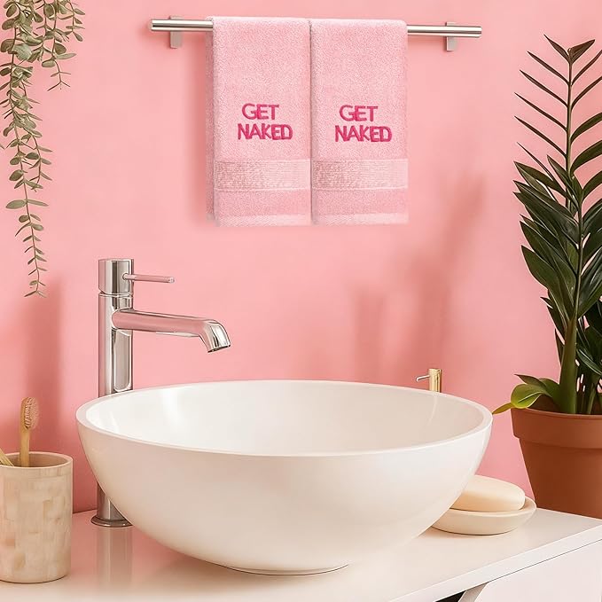 2 Pcs Pink Get Naked Hand Towels 100% Cotton Embroidered Bathroom Pink Towel Modern Decorative Housewarming Gifts, Funny Bathroom Decor 29 x 13 Inch