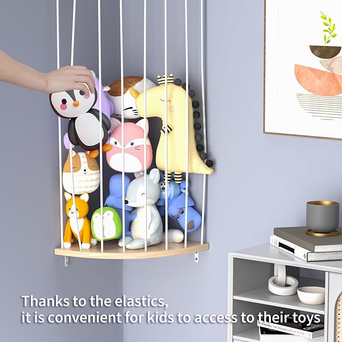 Corner Stuffed Animal Storage Zoo, Large Adjustable Solid Wood Plush Toy Organizer, Hanging Stuffie Holder Shelf & Cage with Engraved Dinosaur Star Moon for Kids Nursery Playroom
