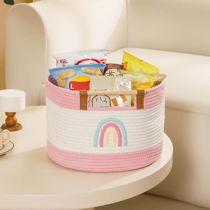 Large Blanket Basket 35L Cotton Rope Basket with Wooden Handles Woven Baskets for Kids Stuffed Animal Toys Storage for Nursery, Laundry Hamper Clothes Baby Hamper Girls Gift Baskets Empty, (Rainbow）