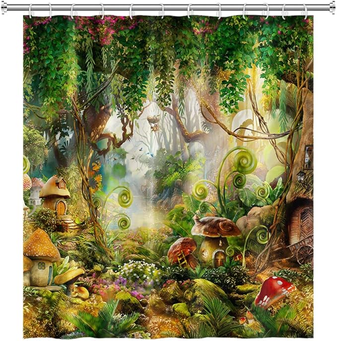 72x78inch Magical Forest Shower Curtain - Lush Trees, Fantastic Woodland Jungle, Cute Funny Mushroom Fairyland Bath for Kids Children Bathroom Decor With Hooks Waterproof