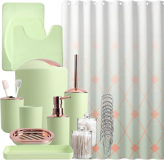 25 Pieces Bathroom Set Green Bathroom Accessories Set, Shower Curtain and Rugs, Trash Can, Toilet Brush, Soap Dispenser, Soap Dish, Toothbrush Holder, Tumbler, Tray, Qtip Holder for Home Decor