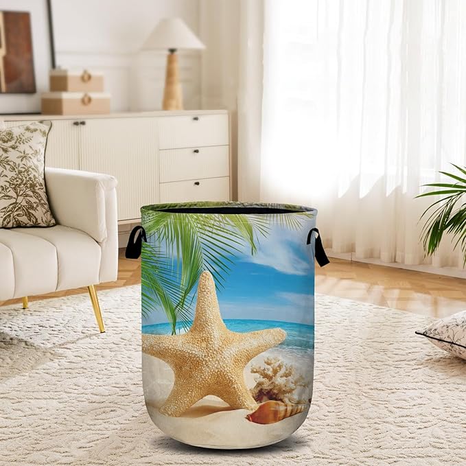 Starfish Seashell Laundry Basket, Ocean Sea Beach Laundry Hamper Collapsible Oxford Cloth with Handle Clothes Toy Storage Bin for Bathroom Laundry Room Bedroom 15.7 X 20 Inch