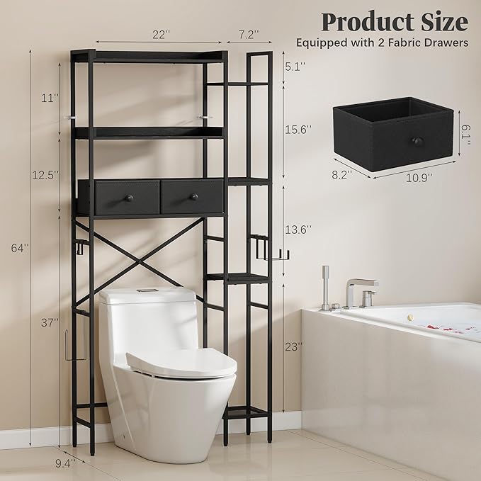 Over The Toilet Storage Shelf with Drawer, 7-Tier Above Toilet Bathroom Organizer with 4 Adjustable Side Shelves, Space Saver Freestanding Rack with Holder & Hook for Laundry Kitchen (Black)