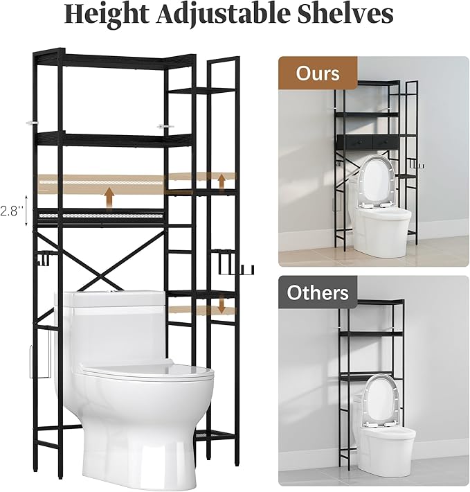 Over The Toilet Storage Shelf with Drawer, 7-Tier Above Toilet Bathroom Organizer with 4 Adjustable Side Shelves, Space Saver Freestanding Rack with Holder & Hook for Laundry Kitchen (Black)