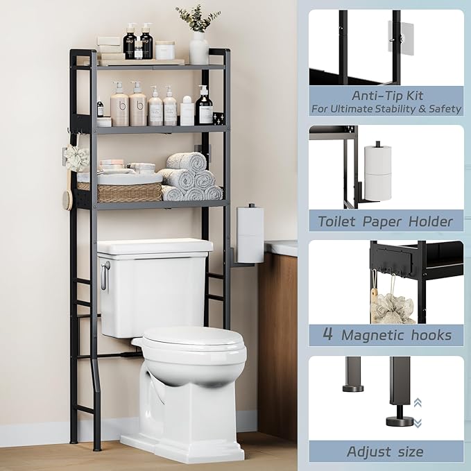 Over The Toilet Storage Shelf - 3-Tier Adjustable Black Metal Bathroom Organizer (21.6”-26.8") No Drilling Required, Space-Saving with Paper Holder & 4 Hooks for Small Spaces