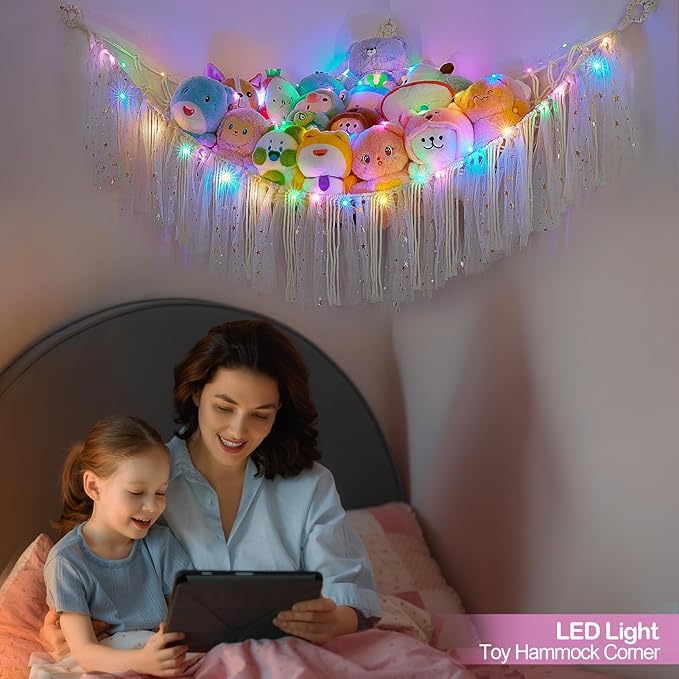 FIOBEE Stuffed Animals Net or Hammock with LED Light, Toy Hammock Hanging Stuffed Animals Storage Organizer Holder Room Décor for Nursery Kids Bedroom