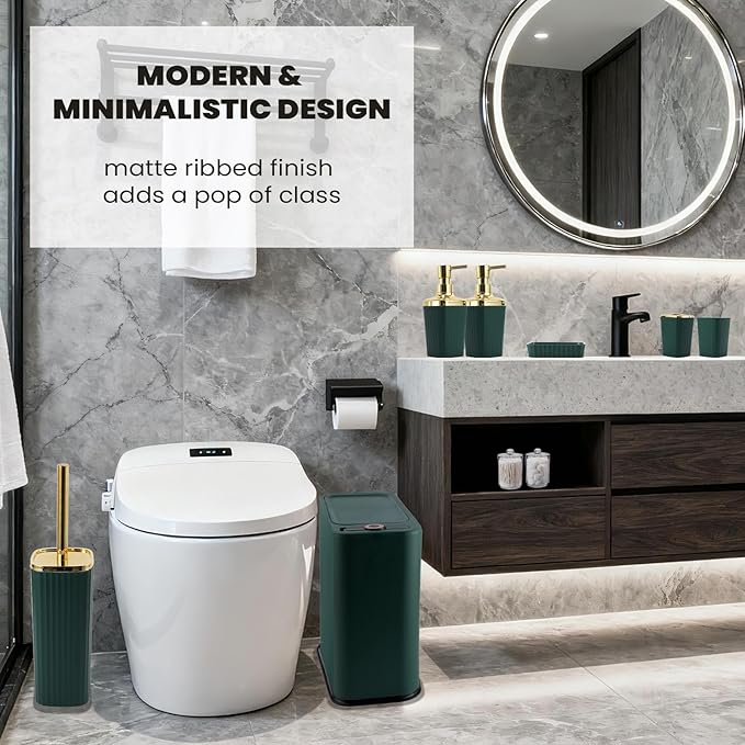 9-Piece Dark Green Bathroom Set with Narrow Trash Can Press Top Lid, Bathroom Accessories Sets with Toilet Brush, Soap Dispenser, Toothbrush Set, Soap Dish & Apothecary Jars for Small Spaces