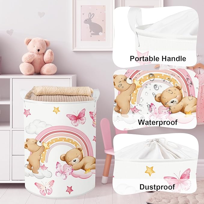 Clastyle Rainbow Baby Laundry Hamper Cloud Kid Storage Basket Women Girl Gift Toy Box Collapsible Clothes Organizer Nursery Bin for Bedroom,Bear,36 * 45 cm