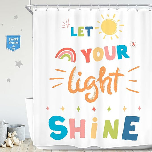 Homewelle Kids Inspirational Quotes Shower Curtain Colorful Let You Light Shine Motivational Positive Cartoon Cute Rainbow Sun 60Wx72H Inch for Teens Girls Waterproof Polyester Fabric Bathroom Bathtub