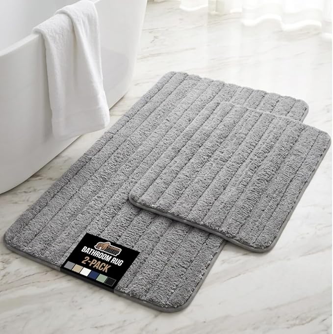 GORILLA GRIP Textured Backing Bathroom Rugs, Soft Memory Foam Absorbent Striped Bath Mats Set of 2, Machine Washable Fade Resistant, Floor Bathmat, Home Decor Shower Essentials, Grey 24x16 and 30x18