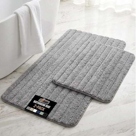 GORILLA GRIP Textured Backing Bathroom Rugs, Soft Memory Foam Absorbent Striped Bath Mats Set of 2, Machine Washable Fade Resistant, Floor Bathmat, Home Decor Shower Essentials, Grey 24x16 and 30x18