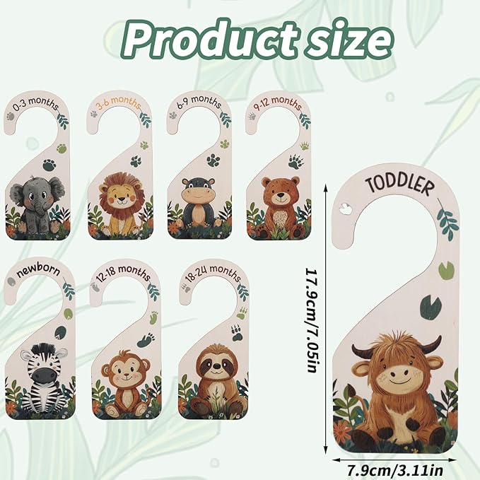 8pcs Baby Size Closet Dividers, Wooden Baby Wardrobe Organizer Newborn to 24 Months Woodland Nursery Decor Double-Sided Nursery Clothes Hanger Partition for Home Beautiful Decor (Animal)