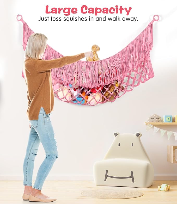 Stuffed Animal Hammock - Extra Large 56'' Long, Stuffed Animal Storage, stuffed animal Holder net, Hammock Large, Storage Hanging Organizer - Pink