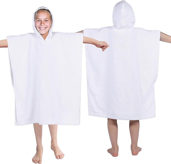 Superior Kids Cotton Terry Poncho, Soft, Absorbent Bath Towel with Hood, Bathroom Accessories, Long, Plush Bathrobes for Bath, Shower, Spa, Resort, Hotel, Beach, Pool, Boy, Girl, Large Size, White