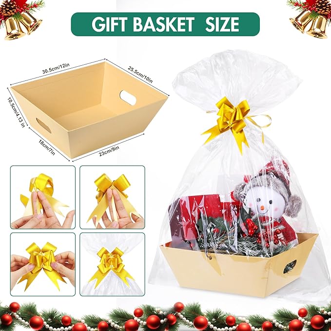 AFOROEOA 6PACK Baskets For Gifts Empty, 10x12”Thick Kraft Gift Basket with 6Bows 6Bags Empty Gift Baskets for Christmas, Valentine’s Day, Easter, Birthdays, Valentine’s Day Wrapping Gift