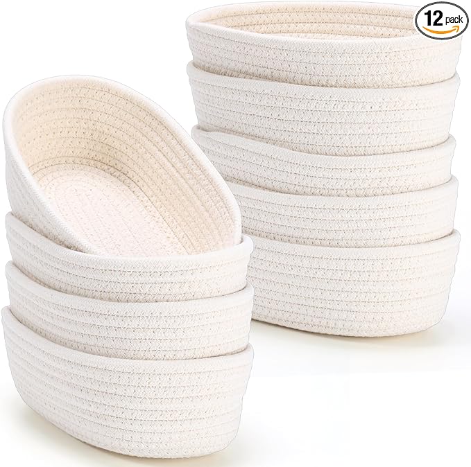 Yinkin 12 Pack Small Storage Basket Cute Natural Cotton Rope Woven Basket Tiny Boho Decorative Toy Storage Bin Gift Baskets for Home Organizing, Closet, Shelf, Nursery, Bathroom(Oval,Beige)