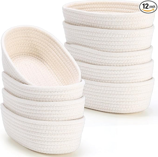 Yinkin 12 Pack Small Storage Basket Cute Natural Cotton Rope Woven Basket Tiny Boho Decorative Toy Storage Bin Gift Baskets for Home Organizing, Closet, Shelf, Nursery, Bathroom(Oval,Beige)