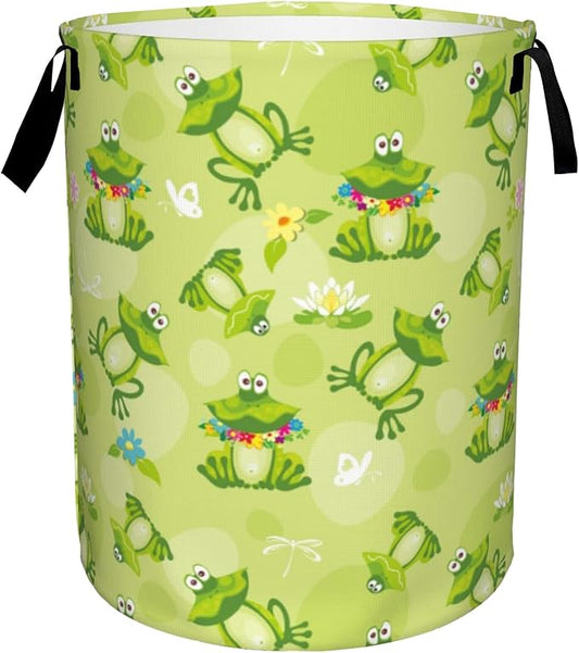 Cute Frog Laundry Basket,Green Lotus Flowers Foldable Laundry Hamper Waterproof Oxford Cloth Tote Bag,Clothes Storage Bucket Decorative Toy Organizer For Bathroom Bedroom 16" x 20"