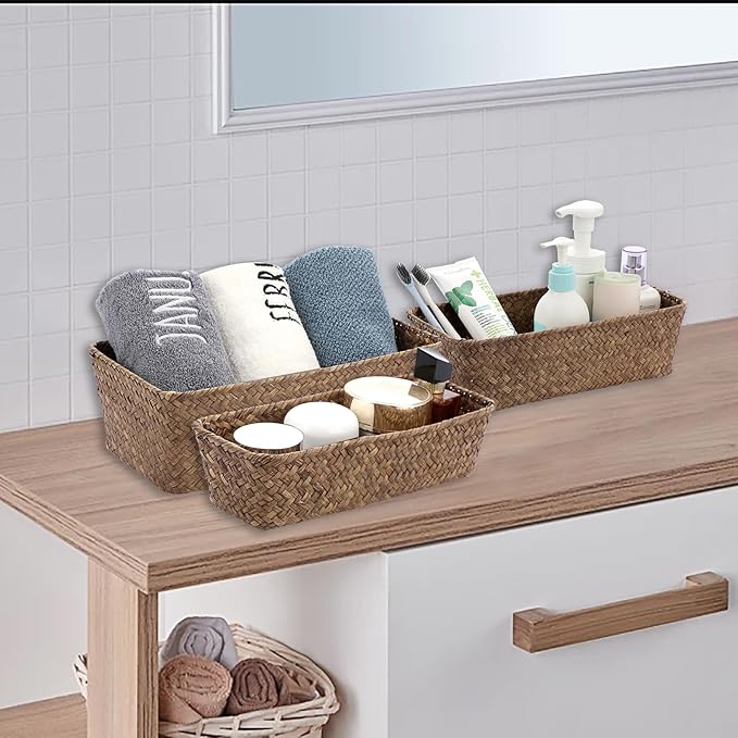 3 Natural Wicker Basket Set Rectangular Handwoven Seagrass Basket Storage Bins Home Organizer Bins - Household Basket Box for Shelf Wardrobe Desktop Home Decor (Coffee)