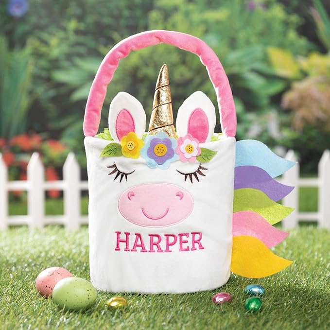 Personalized Unicorn Easter Bucket Bag with Custom Name | Colorful Plush Easter Bag with Handle | Soft Egg Basket for Kids | Customized Easter Basket | Great for Book and Toy Storage