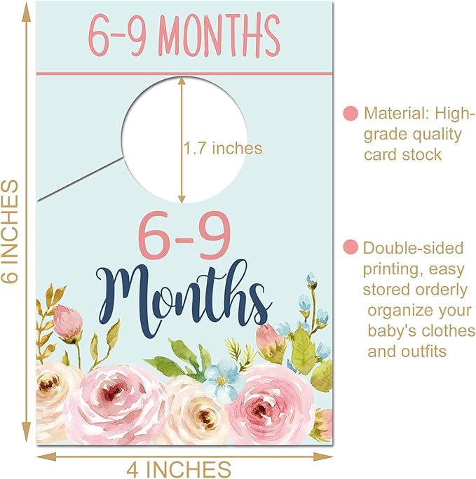 Baby Closet Size Dividers, Floral Closet Organizer for Girl, Nursery Wardrobe Divider Hangers to Arrange Clothes By Size or Age, Newborn Shower Gift, 0-24 Months