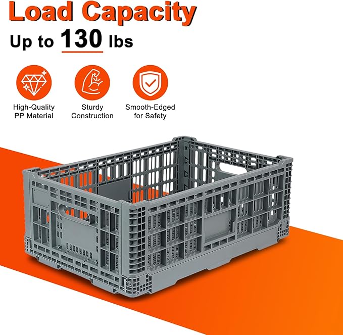 Collapsible Milk Crate, 1 pck 52L(13GAL) Stackable Storage Bins, Heavy Duty Storage Crates, Plastic Crates for Grocery, Warehouse Organization - Extra Large, Holds 130 lbs Per Bin