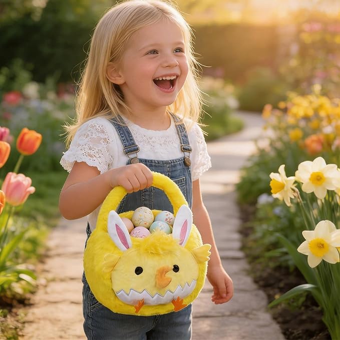 2026 chick Plush Baskets Easter Basket, Easter Egg Hunt Buckets, Easter Decorations Indoor Outdoor, Cute Easter Gifts for Kids, Adults, Teens, Toddlers, Girls